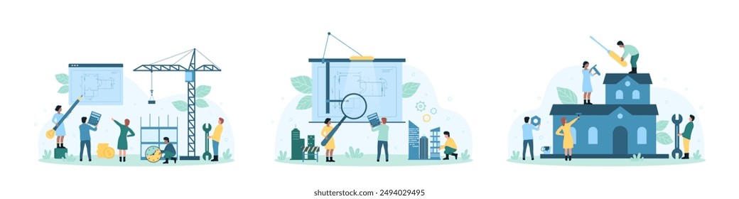 Architects job set set illustration. Cartoon tiny people draw blueprint, civil engineers working with pencil, magnifying glass and calculator on building project, construction team at work - Powered by Shutterstock