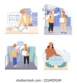 Architects profession concept scenes set. Architect draws blueprints, engineer at construction site, building model. Collection of people activities. Illustration of characters in flat design
