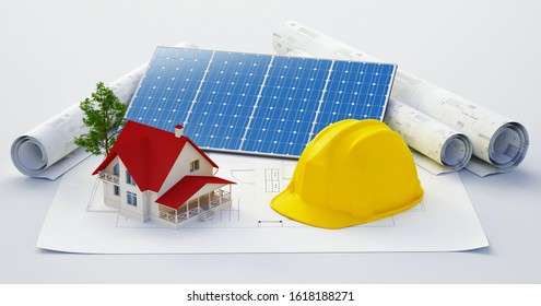 Architects workplace. Architectural tools. Construction concept. Engineering tools. 3d rendering