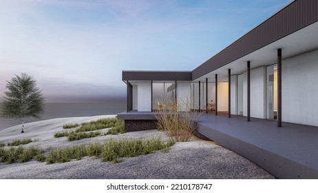 Architectural 3d Rendering Illustration Of Modern Minimal House Design On Slope Terrain With Natural View 