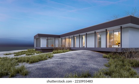 Architectural 3d Rendering Illustration Of Modern Minimal House Design On Slope Terrain With Natural View 