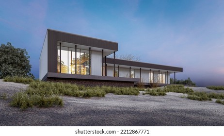 Architectural 3d Rendering Illustration Of Modern Minimal House Design On Slope Terrain With Natural View 