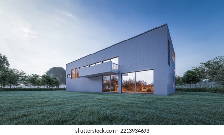 Architectural 3D Rendering Illustration Of Modern Minimal House With Natural Landscape