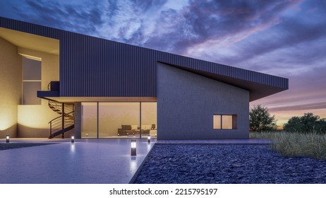 Architectural 3D Rendering Illustration Of Modern Minimal House With Natural Landscape