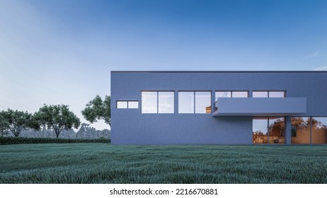 Architectural 3D Rendering Illustration Of Modern Minimal House With Natural Landscape