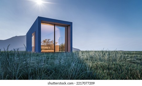 Architectural 3D Rendering Illustration Of Modern Minimal House With Natural Landscape