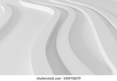 Architectural abstract composition. 3d render white background. Wavy smooth lines, pedestals for advertising products. Curved steps with empty space 