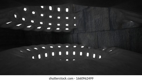 Architectural background. Abstract concrete interior with smooth chrome discs. Neon lighting. 3D illustration and rendering.