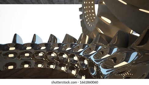 Architectural background. Abstract concrete interior with smooth chrome discs. Neon lighting. 3D illustration and rendering.