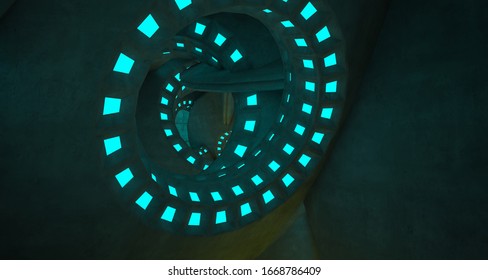Architectural background. Abstract concrete interior with discs. Colored neon lighting. 3D illustration and rendering.