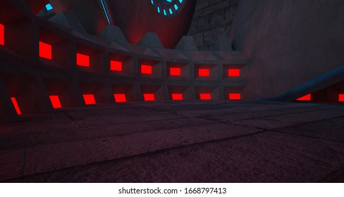 Architectural background. Abstract concrete interior with discs. Colored  neon lighting. 3D illustration and rendering.