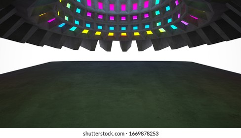 Architectural background. Abstract concrete interior with discs.Colored gradient neon lighting. 3D illustration and rendering.