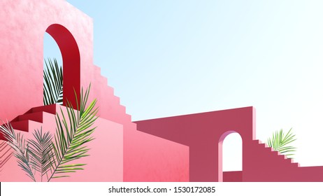 Architectural background of buildings with stairs and arches. Bright design against the blue sky with tropical palm leaves - 3D, render. Banner, poster, card for travel, presentations with copy space.