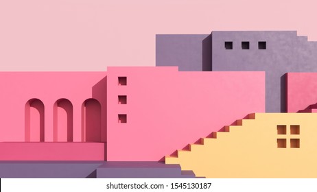 Architectural background of buildings with stairs and arches. Bright castle, ancient housing against the pink sky - 3D, render. Banner, card for travel, presentations, advertising with copy space.