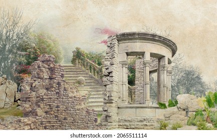architectural columns, stairs, stones ruins, old architecture and nature
