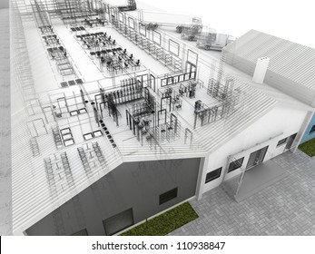 Architectural Design Of Factory With Offices, Warehouse And Shipping Service.