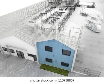 Architectural Design Of Factory With Offices, Warehouse And Shipping Service.