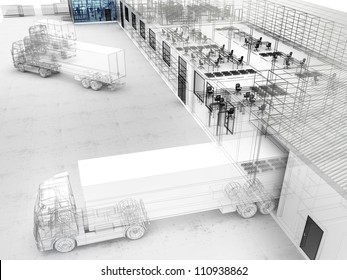 Architectural Design Of Factory With Offices, Warehouse And Shipping Service.