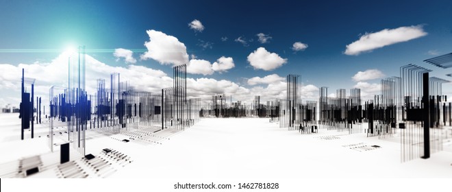 Architectural Design Of Modern 3d City.Abstract Architecture And Building Background.Sustainable City Blueprint And Plan Concept.Construction And Engineering.3d Illustration