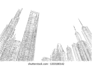 Architectural Drawing City Skyline 3d Illustration Stock Illustration ...