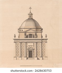 Architectural drawing of a classical building with columns, and ornate details. The drawing highlights the building's symmetry and classical design. Vintage architecture watercolor illustration.