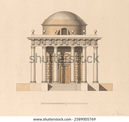 Architectural drawing of a classical building with columns and a dome. Features symmetrical design and detailed classical elements in the structure. Vintage watercolor art illustration.