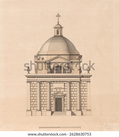 Architectural drawing of a classical building with columns, and ornate details. The drawing highlights the building's symmetry and classical design. Vintage architecture watercolor illustration.