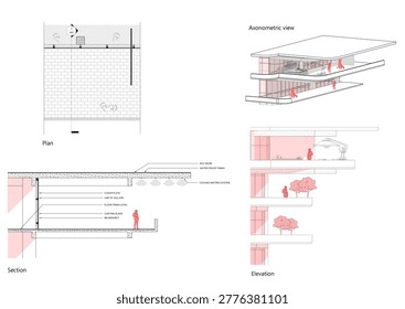 Architectural drawing, section, rhythmic ceiling, repetition, pattern, connected spaces, visual rhythm, design study.