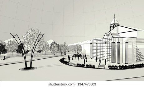 Architectural Engineering Design Of Urban Street In City Center Using BIM, 3d Illustration, 3d Rendering