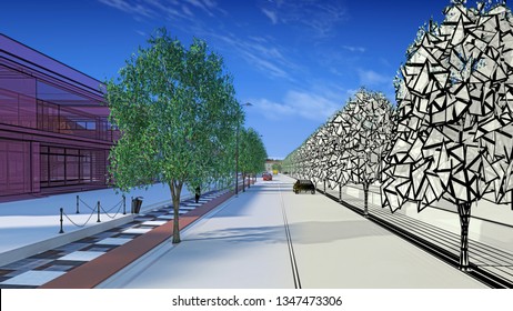 Architectural Engineering Design Of Urban Street In City Center Using BIM, 3d Illustration, 3d Rendering