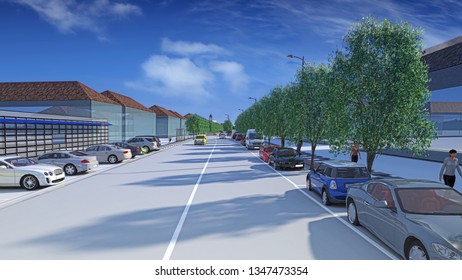 Architectural Engineering Design Of Urban Street In City Center Using BIM, 3d Illustration, 3d Rendering