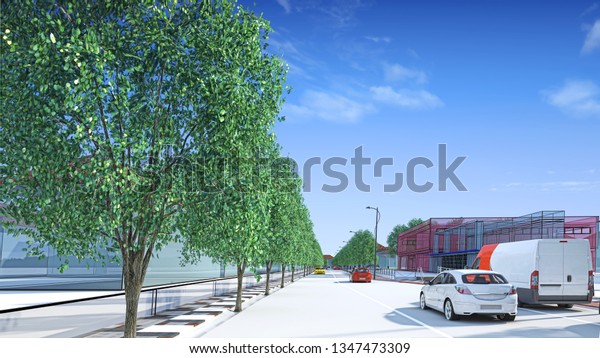 Architectural engineering\
design of urban street in city center using BIM, 3d illustration,\
3d\
rendering