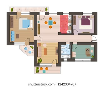 Architectural flat plan top view with living rooms bathroom kitchen and lounge furniture  illustration