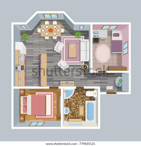 Architectural flat plan top view with living rooms bathroom kitchen and