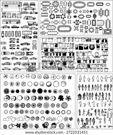 Architectural and Interior Design Drafting Elements Set Including Cars, Furniture, Tables, Beds, Plants, and Human Figures