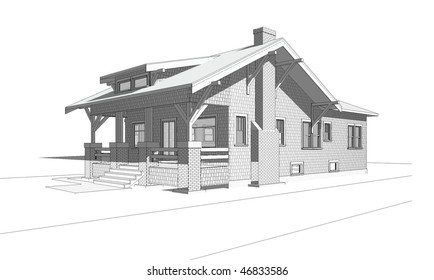 Architectural perspective drawing of old craftsman style bungalow home - isolated white background