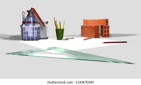 Architectural project with elements, 3D rendering