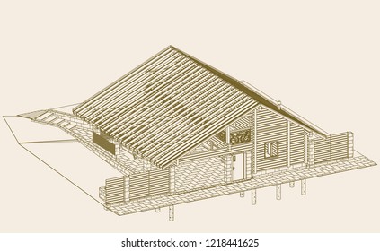 Architectural Project Of The Wooden Building From Glued Beams, Rafters, Roofs, Garage And A Carport, 3d, Isometric, A View From A Height, Blueprint. Illustration.