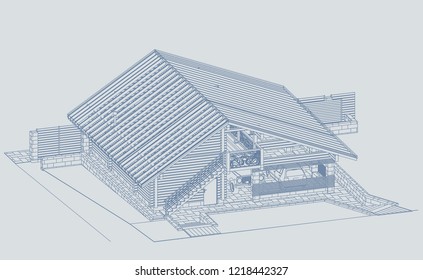 Architectural Project Of The Wooden Building From Glued Beams, Rafters, Roofs, Garage And A Carport, 3d, Isometric, A View From A Height, Blueprint. Illustration.