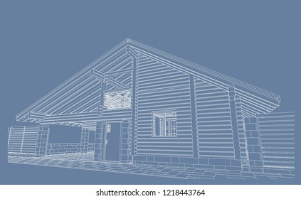  Architectural Project Of The Wooden Building From Glued Beams, Rafters, Roofs, Garage And A Carport, 3d, Perspective View , Blueprint. Illustration.