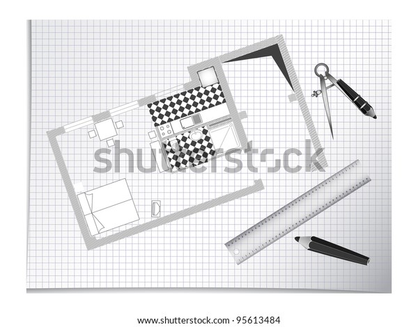 architectural sketch with blue print,\
pencils and divider; abstract art\
illustration