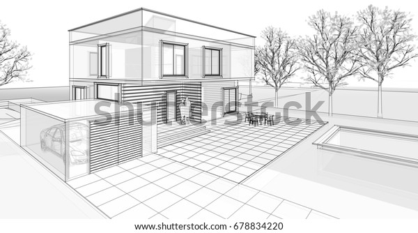 Architectural Sketch House 3d Illustration Stock Illustration 678834220 ...