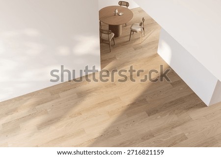 Architectural top-down view showcasing light wood floor and dining area transition. Excellent texture background for design concepts and advertising. 3d Rendering