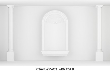 architectural white niche with columns on flat wall. 3d rendering
