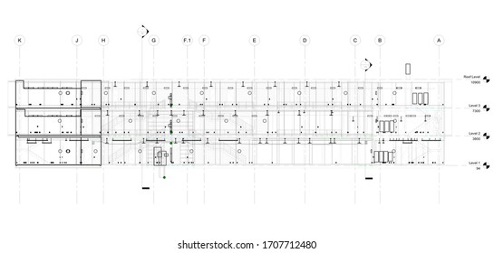 Architectural Wireframe Sectional Elevation BIM Design 3d Illustration 