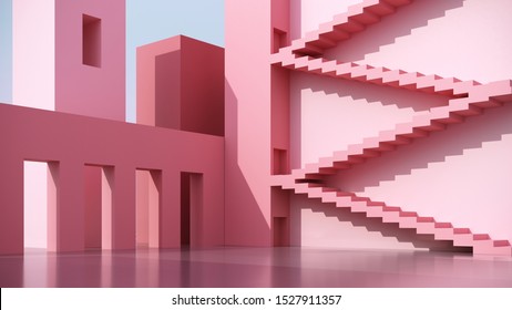 Architectural,conceptual composition on  bright pink background with stairs - 3d, render. Simple, stylish, popular architectural illustration for advertising, business, presentations, wallpapers.