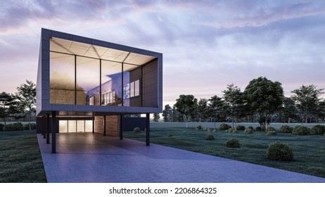 Architecture 3d Rendering Illustration Of Modern Minimal House With Basement Space Under A House