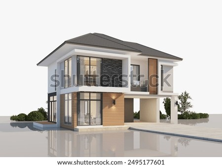 Architecture 3d rendering illustration of modern minimal house on white background