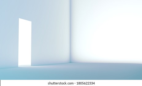 Architecture based 3d render of a bright light shining into a white room with lots of blank space and copyspace