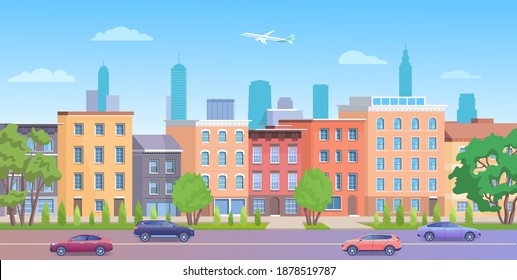 Architecture building in New York streets illustration. Cartoon flat urban NY skyline, panorama view of streetscape with classic facade brick houses, cars on road and empty sidewalk background
